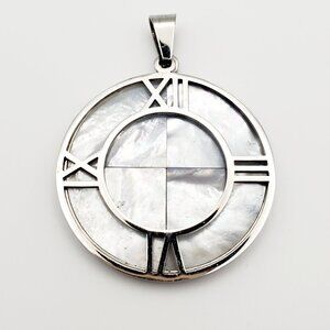 Large Mother of Pearl Clock Silver Pendant Stainless Steel Roman Numerals Sleek